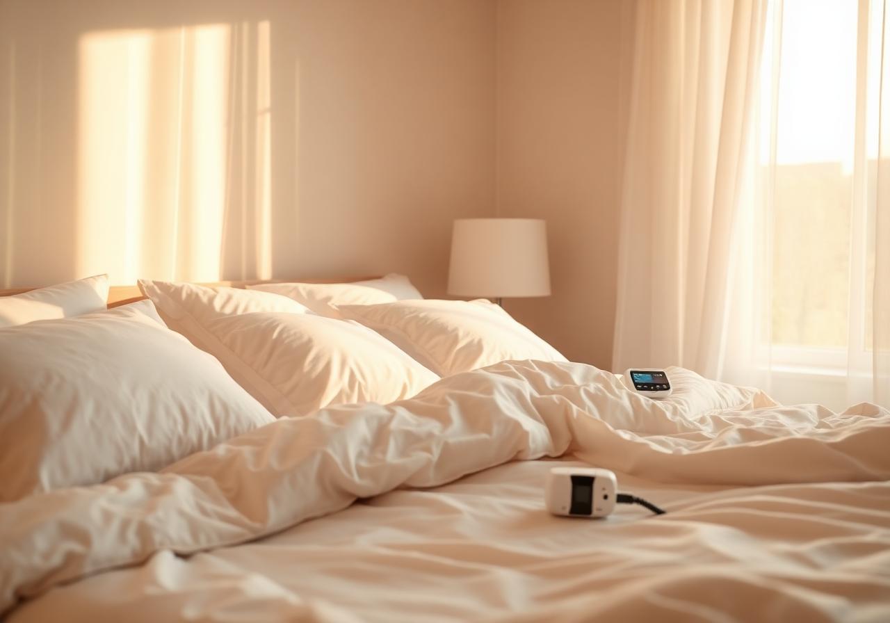 Sunlit peaceful bedroom with soft white linens