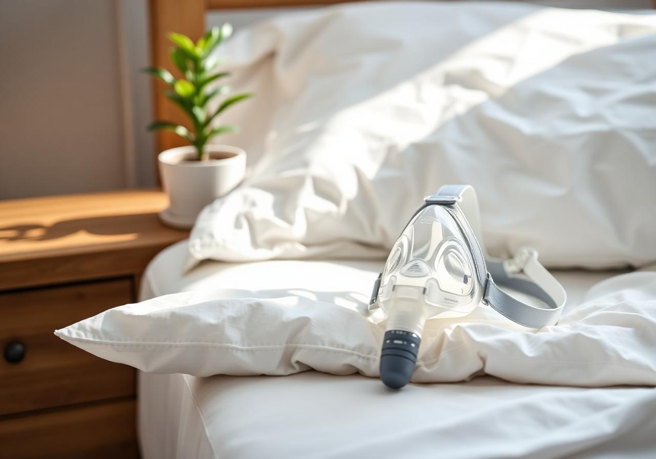 CPAP mask resting on fresh white linens beside a small plant