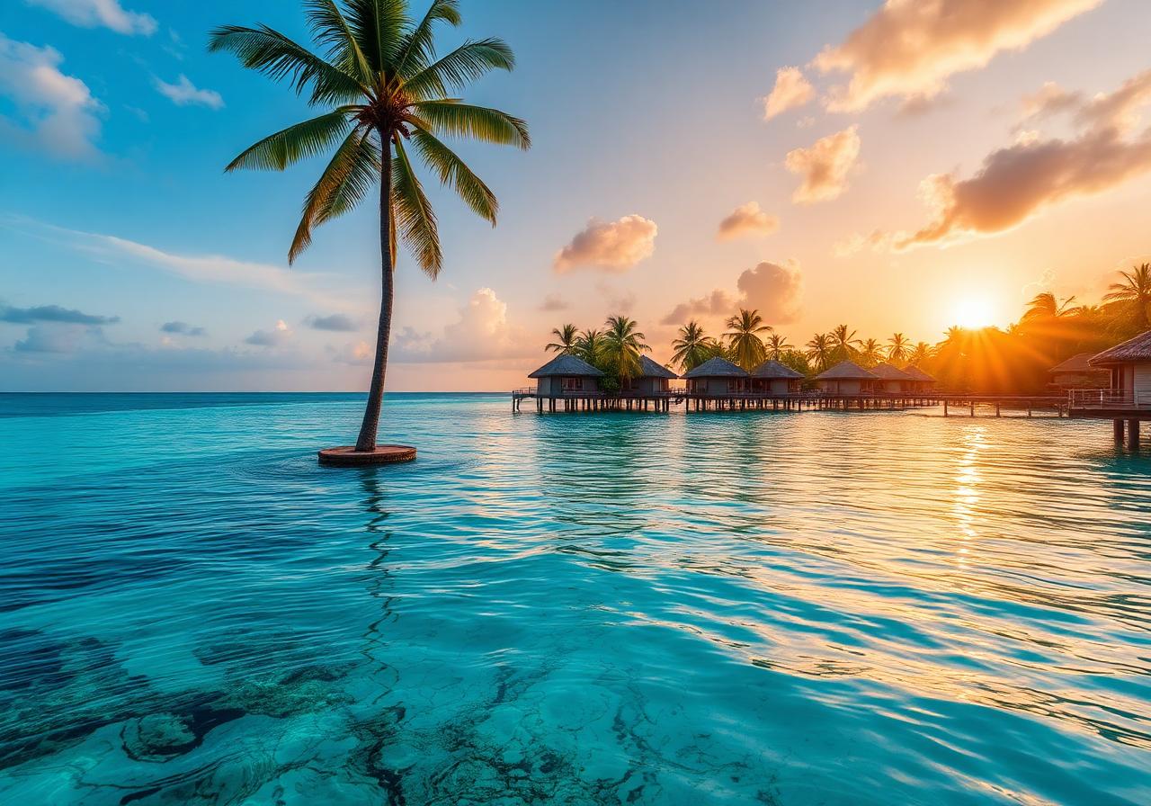 Turquoise tropical lagoon with overwater bungalows at sunset